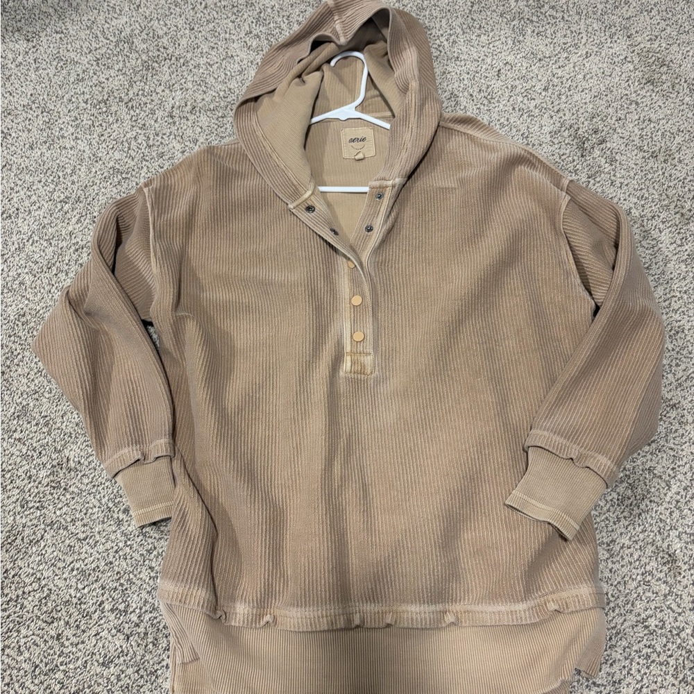 Aerie Brown Hooded Ribbed Henley Pullover